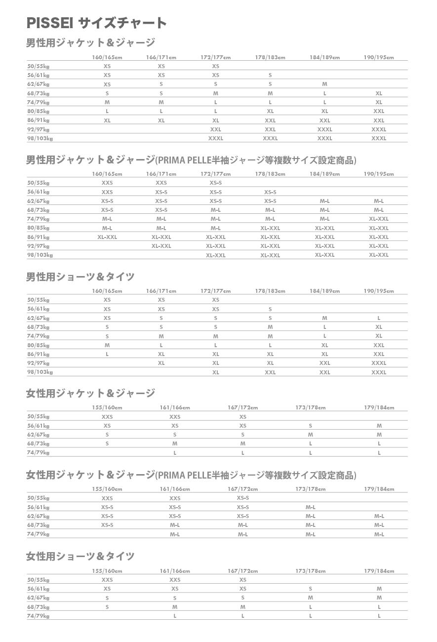 PISSEI ウェアサイズ